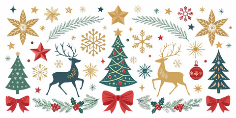 Elegant festive holiday cheer with Christmas trees, reindeer, ornaments, and snowflakes to celebrate the season's joyful spirit