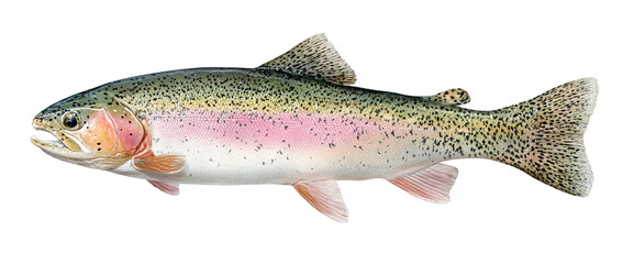 A detailed illustration of a rainbow trout swimming