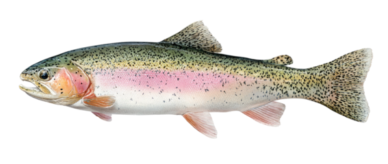 A detailed illustration of a rainbow trout swimming