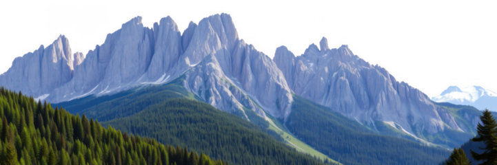 Majestic jagged mountain peaks with lush green forest in the foreground isolated on white background