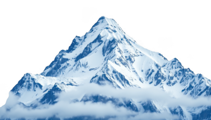 Majestic snow capped mountain peak with dramatic clouds isolated on white background