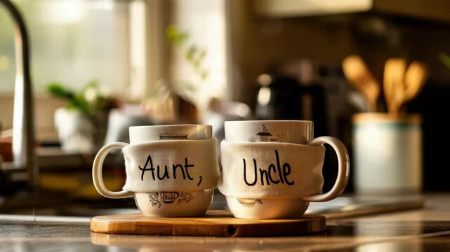 Two cups labeled "Aunt" and "Uncle" rest on wooden tray in cozy kitchen