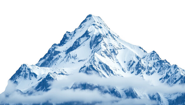 Majestic snow capped mountain peak with dramatic clouds isolated on white background