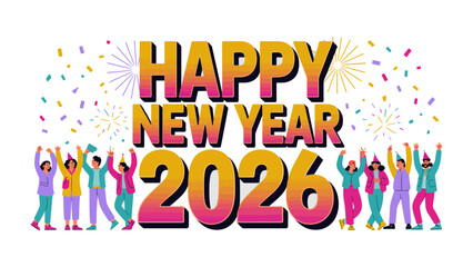 New Year 2026 Celebration: Diverse individuals stand together, expressing joy and optimism for the upcoming year under a festive display of fireworks and confetti.