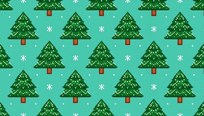 Pixelated Christmas-themed repeating pattern featuring stylized evergreen trees adorned with lights, set against a teal backdrop dotted with snowflakes