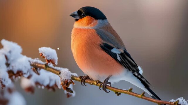 A bullfinch with bright orange plumage sits on a snowy branch in soft winter light, creating a calm wildlife scene full of seasonal color and natural beauty.