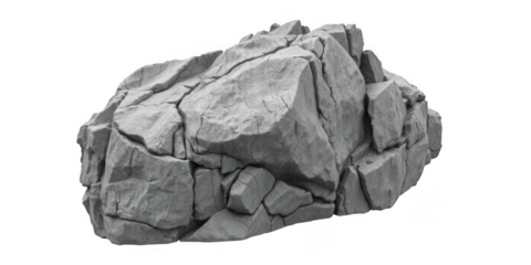 A rough gray stone with sharp edges and deep cracks isolated on white background