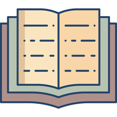 Open book illustration with tan pages and navy blue lines on a transparent background flat vector graphic depicting knowledge and learning