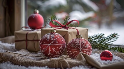 Festive christmas gifts and red ornaments on a light brown wooden table in a warm holiday setting