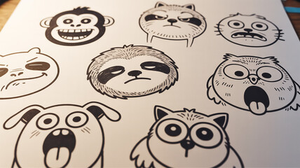 Collection of hand-drawn animal faces expressive cartoon characters with unique personalities perfect for stickers and playful designs