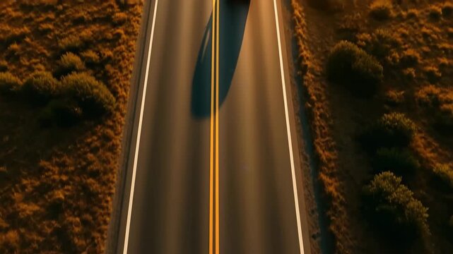 Aerial view of two white cars driving on a straight rural highway intersection surrounded by dry grassy landscape in golden sunset light.
