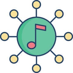 Musical Note Symbol Connected To Multiple Circular Nodes In A Network Structure Graphic With A Green Center And Yellow Outer Circles Against A Transparent Background