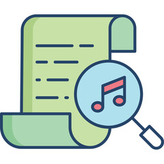 Musical Notes Magnified on a Scroll with Text Outline in Pastel Green and Blue on Transparent Background