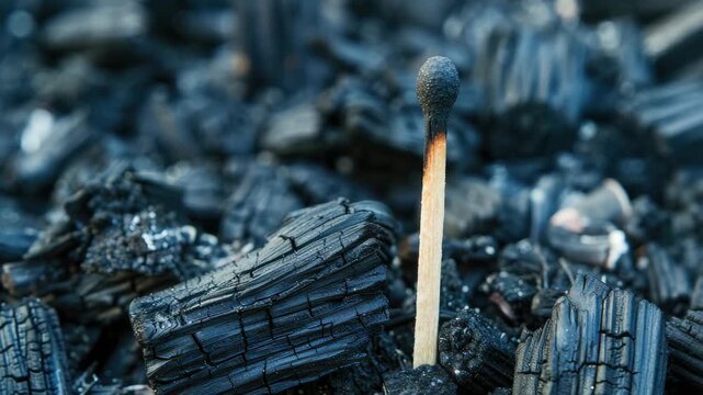 Burned matchstick amidst charred wood and ashes
