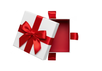 Open white gift box with red ribbon and bow isolated for celebration transparent background