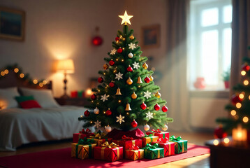 A festively decorated Christmas tree creates a warm and cozy atmosphere next to a blazing fireplace.