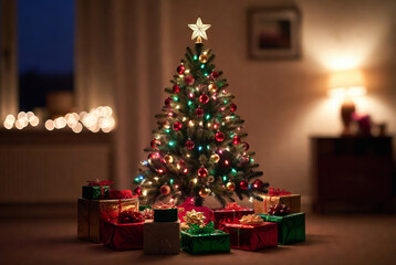 A festively decorated Christmas tree creates a warm and cozy atmosphere next to a blazing fireplace.