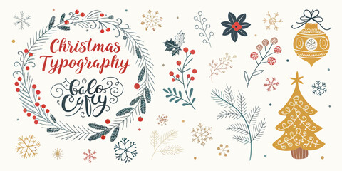 Festive Christmas typography and cheerful holiday floral elements for greeting cards, seasonal designs and winter celebrations
