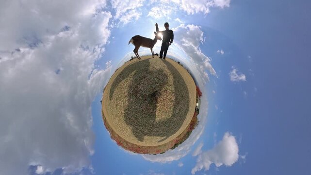 Man petting a wild deer on a tiny planet