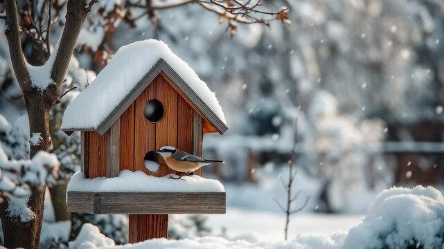 A small bird sits at a snowy wooden birdhouse on a bright winter day, creating a peaceful outdoor scene full of soft light, calm nature, and seasonal charm.
