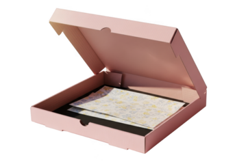 Open pink cardboard box containing paper documents and flat items transparent background