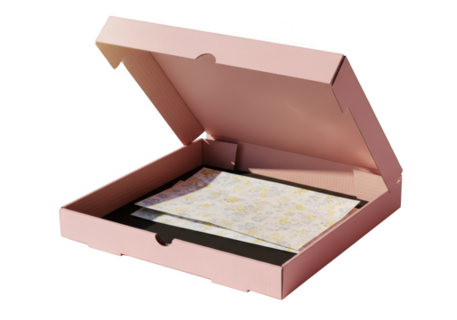 Open pink cardboard box containing paper documents and flat items transparent background