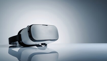 A sleek modern virtual reality headset displayed on a reflective surface