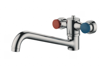 Chrome faucet with red and blue knobs isolated on a transparent background