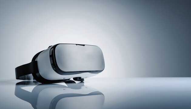A sleek modern virtual reality headset displayed on a reflective surface