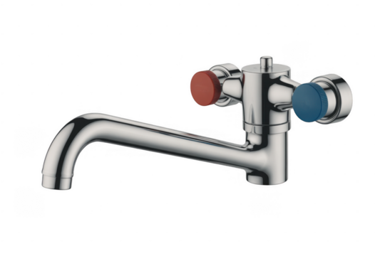 Chrome faucet with red and blue knobs isolated on a transparent background
