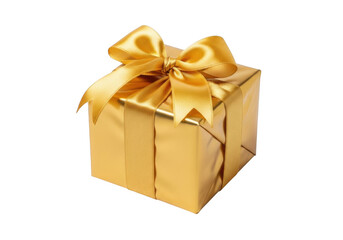 Obraz premium Golden gift box with satin bow festive present ready for celebration occasion transparent background
