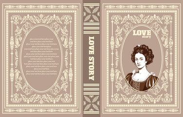 Naklejka premium 051-39-Ornate vintage book cover with an illustrated woman and love story text