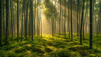 Dense bamboo forest with warm sunlight piercing through tall green stalks, serene natural landscape scene creating peaceful tranquil atmosphere ideal for nature and wellness concepts