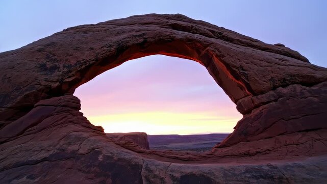 A rock arch frames the sunset sky in this desert landscape