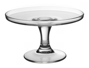 Clear glass cake stand isolated on a transparent background
