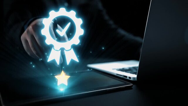 A representation of digital certification in a business context, showing a hand reaching for a glowing quality symbol above a laptop. Ideal for illustrating success. Qubit