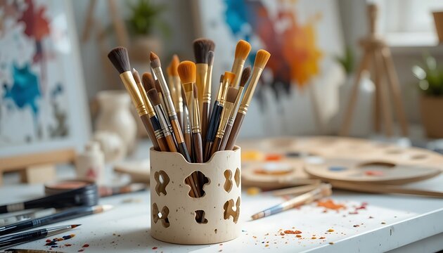 Colorful group of paint brushes and palette supplies for creativity and art education