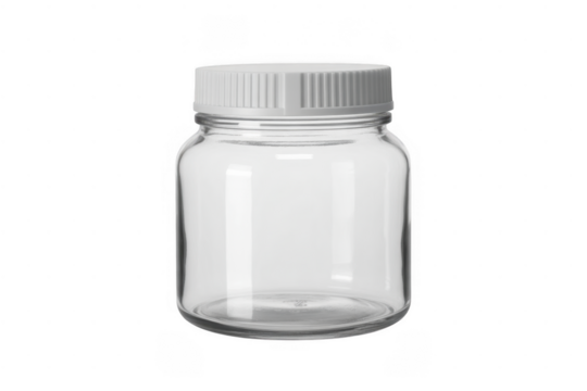 Clear glass jar with white ribbed lid isolated on a transparent background