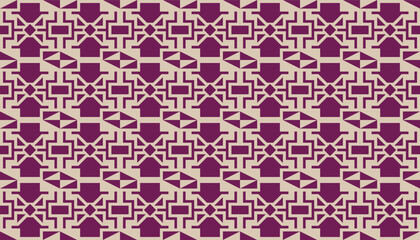 A seamless geometric pattern featuring interlocking angular shapes in deep purple and beige tones. The design forms a repeating lattice structure with a modern yet traditional aesthetic