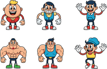 Colorful cartoon character set with expressive poses, cute mascot designs, cheerful and muscular figures, perfect for animation, branding, comics, and children’s projects