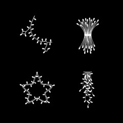 Four separate illustrations of white Christmas lights arranged in various shapes on black.