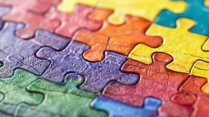 Close-up of colorful, partially completed jigsaw puzzle - Powered by Adobe