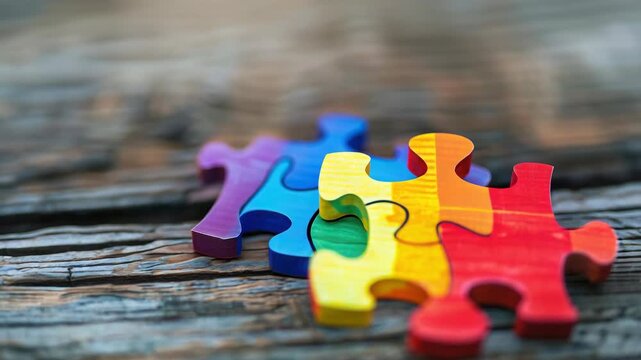 Colorful puzzle pieces on wooden surface, not fully assembled