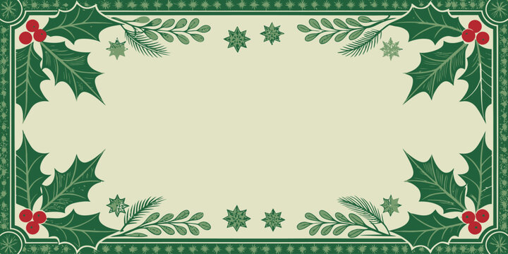 Festive holly and stars frame for joyful Christmas greetings and holiday invitations, perfect for seasonal promotions or messages