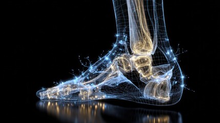 Foot Anatomy Illustration: A detailed, illuminated illustration showcasing the complex skeletal and neural structure of a human foot, presented against a stark backdrop.