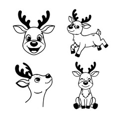 A set of funny cartoon reindeer and deer illustrations for Christmas and winter holiday designs featuring Rudolph, cute animal heads, and snow