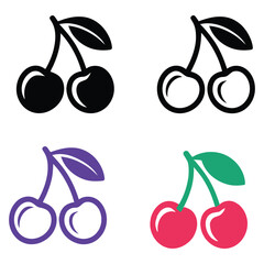 Four distinct cherry icons showcase variety and visual appeal against a clean white backdrop ideal for diverse graphic design projects