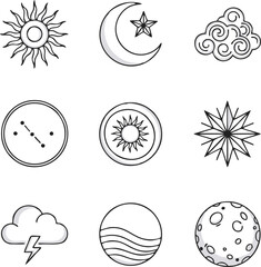A collection of nine black and white line art icons depicting celestial bodies, weather phenomena, and natural elements like sun, moon, stars, clouds, lightning, waves, and constellations.