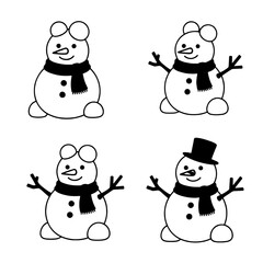 Four simple snowman drawings with scarves, buttons, and carrot noses. One snowman wears a top hat.