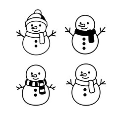 Funny cartoon snowman and snowmen with hat, carrot nose, and scarf celebrating winter Christmas holiday season illustration